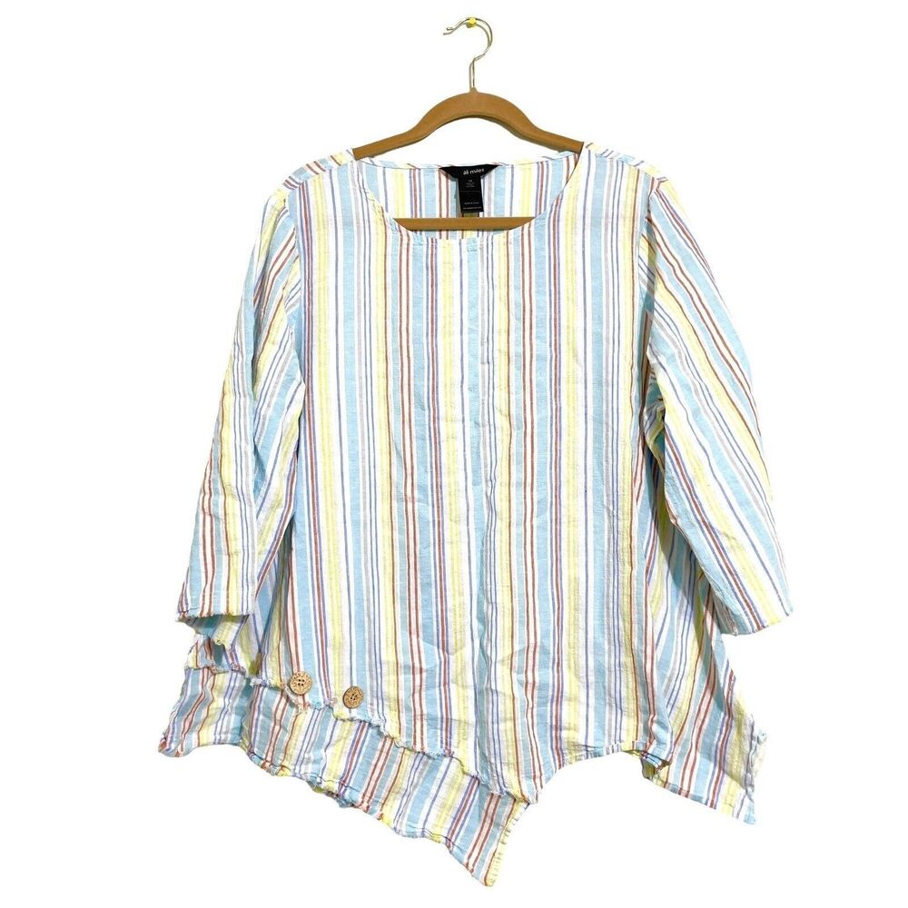 Ali Miles Women's Linen Asymmetrical Beachy Top Size 1X Fringe Striped Summer